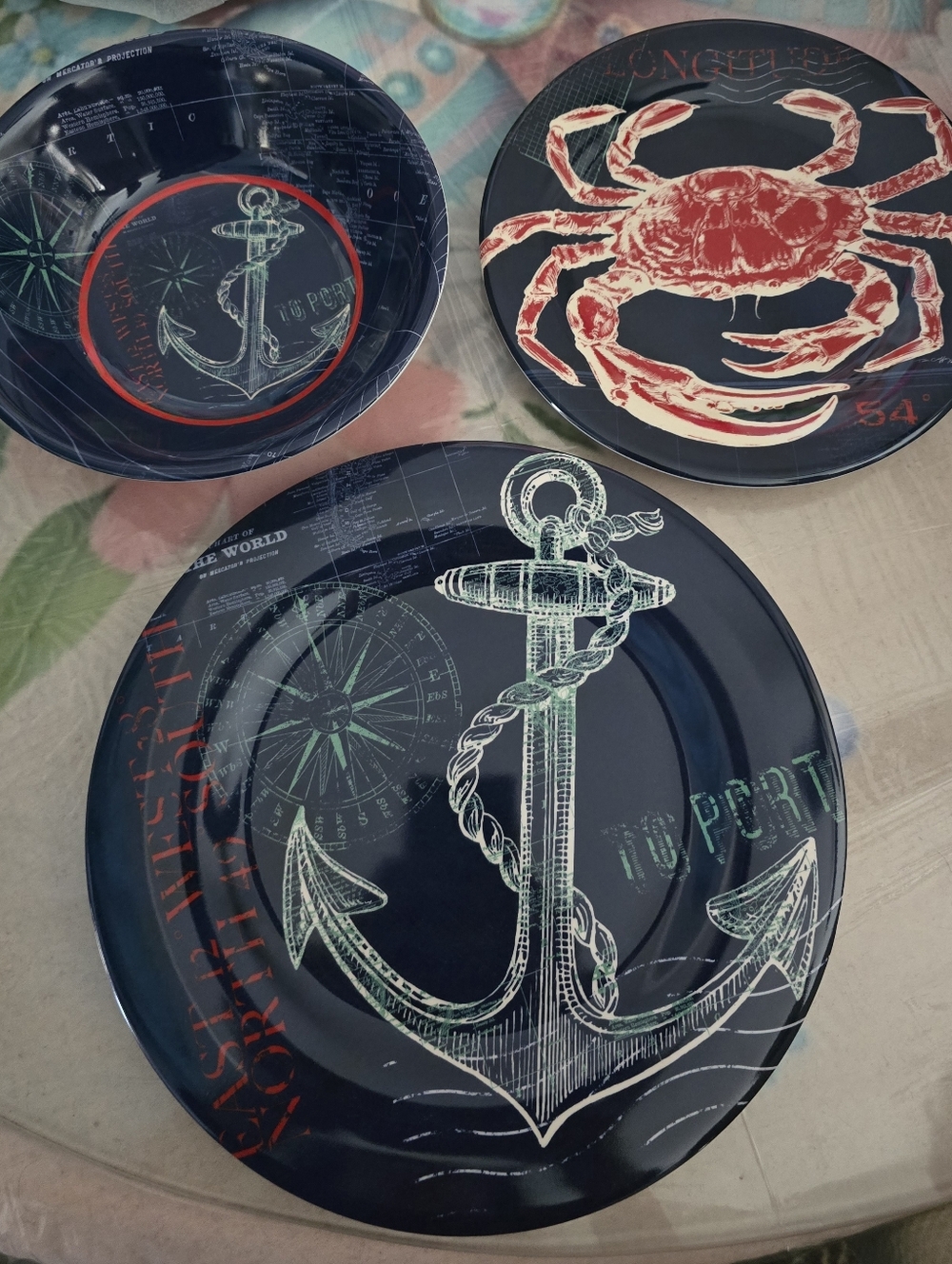 Nautical Anchor and Crab Dinner Plate Set - 4 Pc Navy Blue U Pick